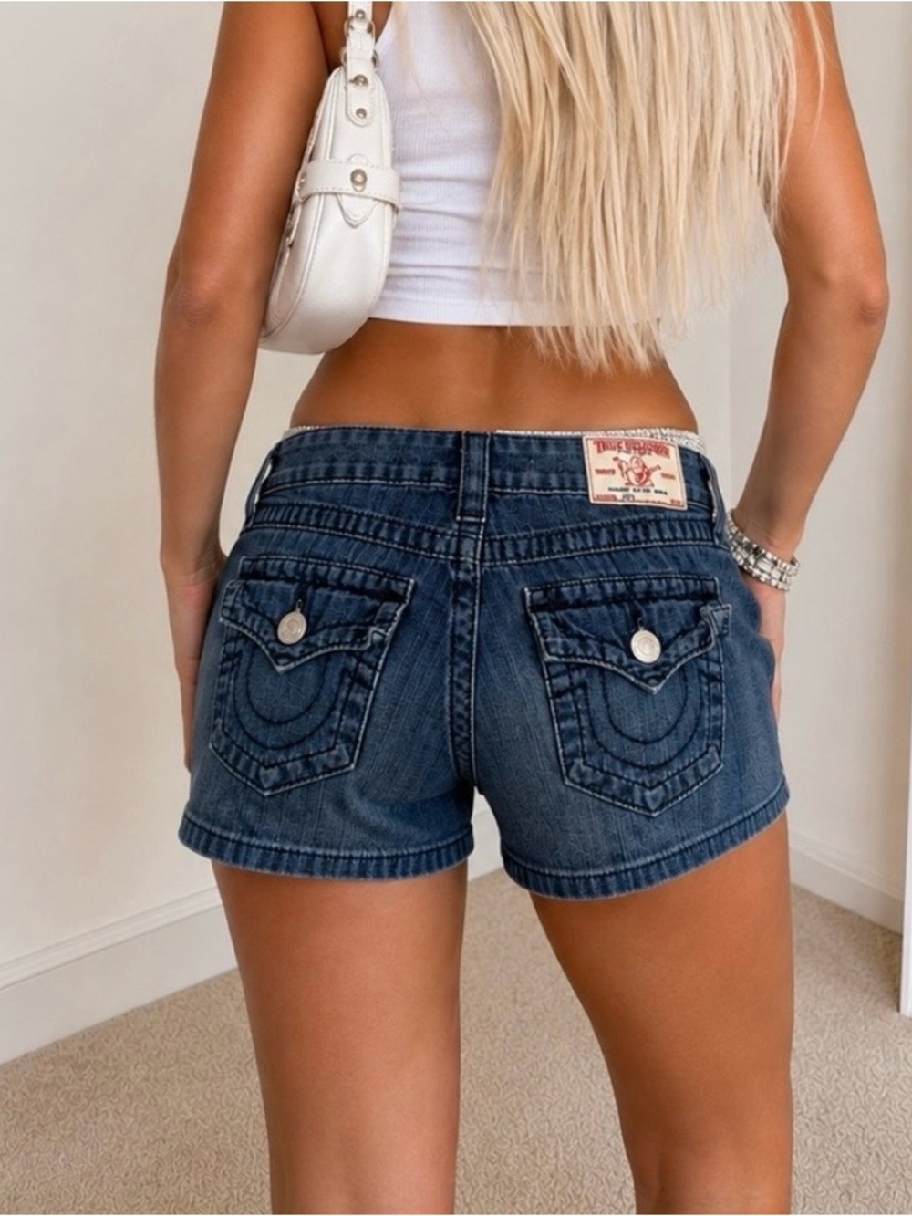 True Religion Joey Vintage Y2K Low Rise Denim Shorts Size 24 Made in USA